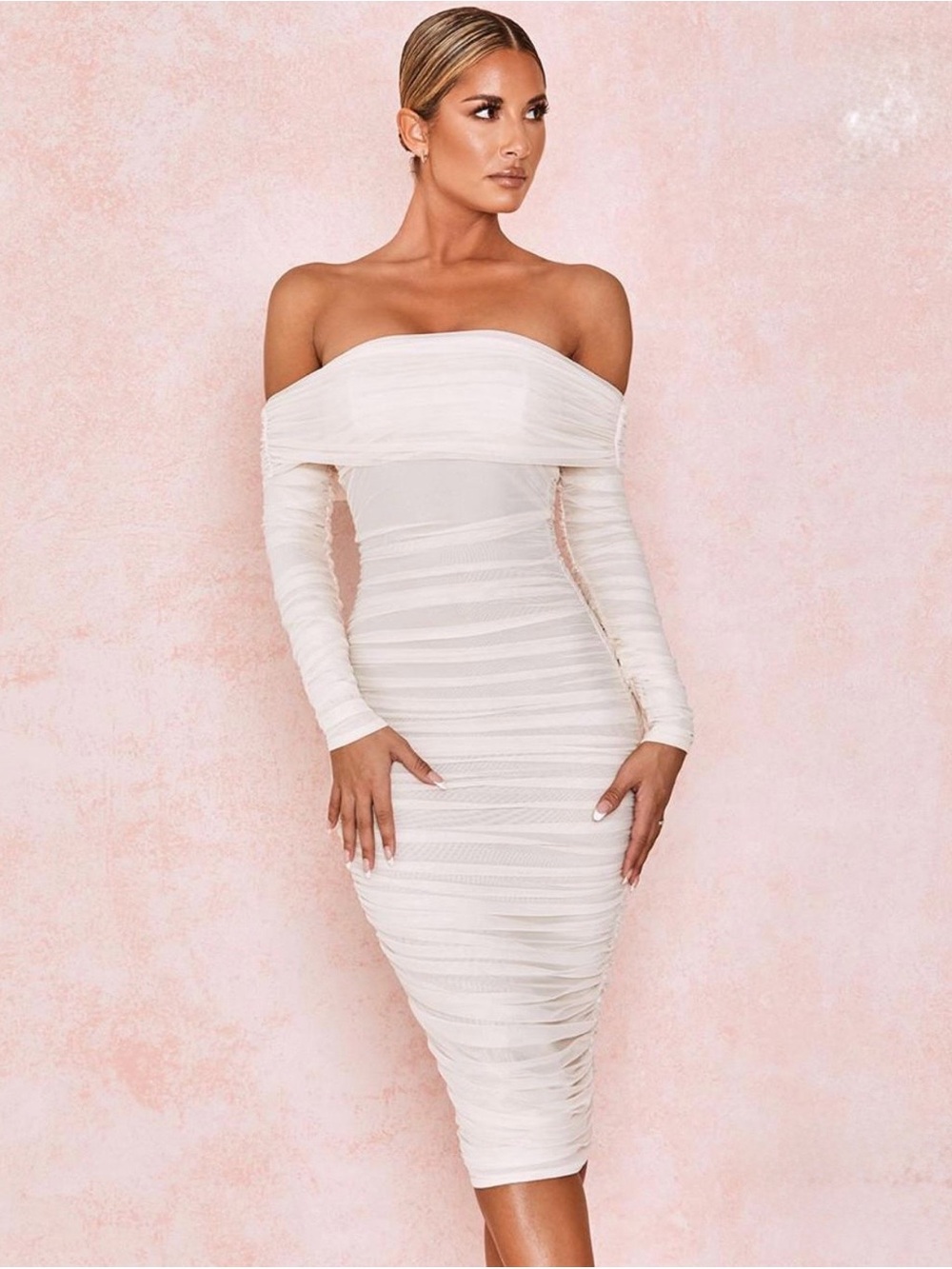 House of CB Off-the-Shoulder Ruched Midi Dress in White